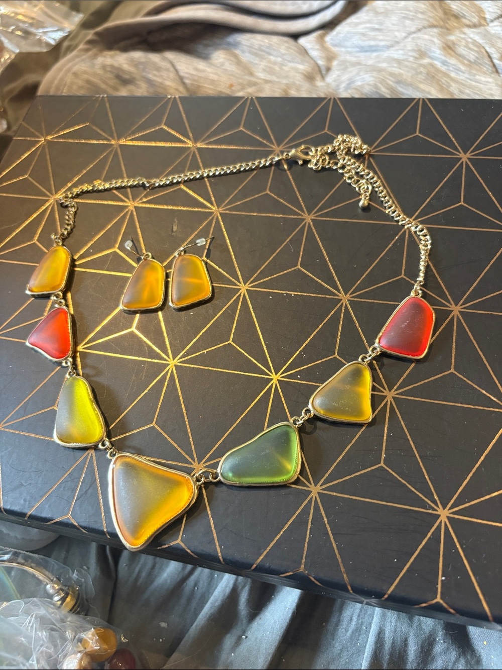 Multicolor Gradient Sea Glass Necklace & Earrings Set